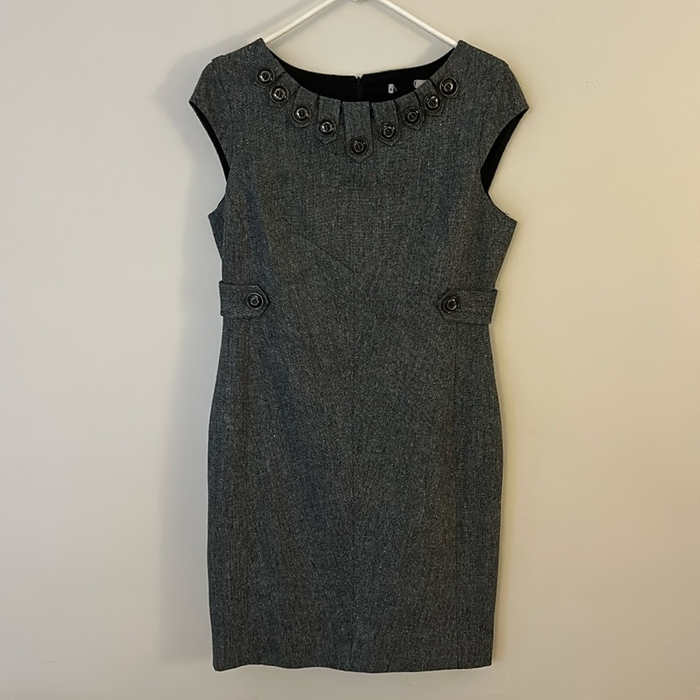 Karen Millen Charcoal Gray Sheath Dress with Button Detail